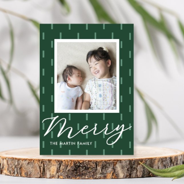 Merry Christmas Green Stiched Print Photo Holiday Card (Creator Uploaded)