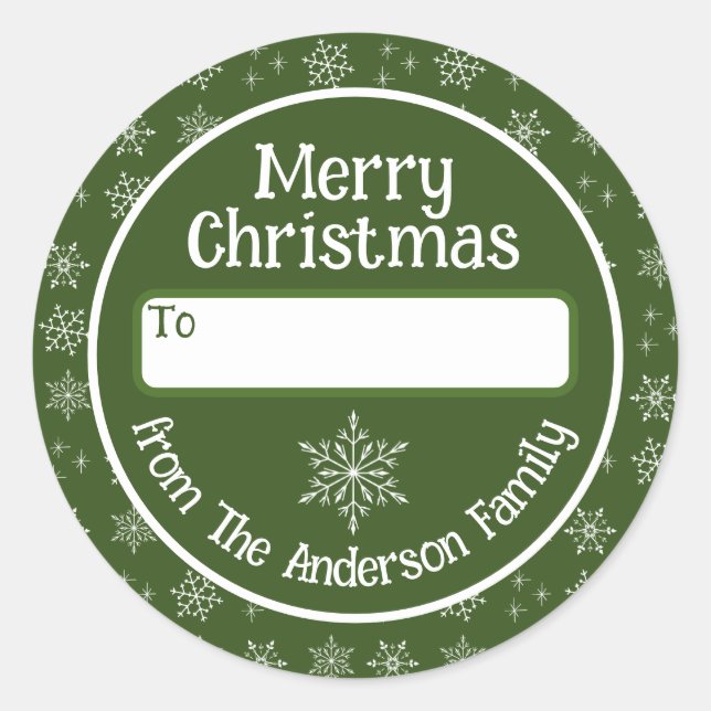 Merry Christmas Green Sticker with Snowflakes (Front)