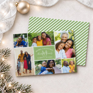 Merry Christmas Green Stripe Photo Collage Holiday Card