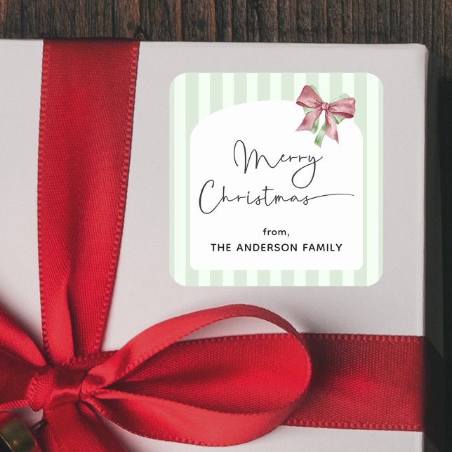 Merry Christmas Green Stripes Red Bow Square Sticker (Creator Uploaded)
