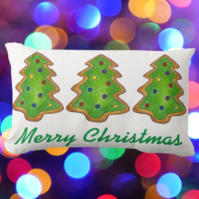 Merry Christmas Green Sugar Cookie Tree Holiday Lumbar Cushion (Christmas tree cookie pillow)