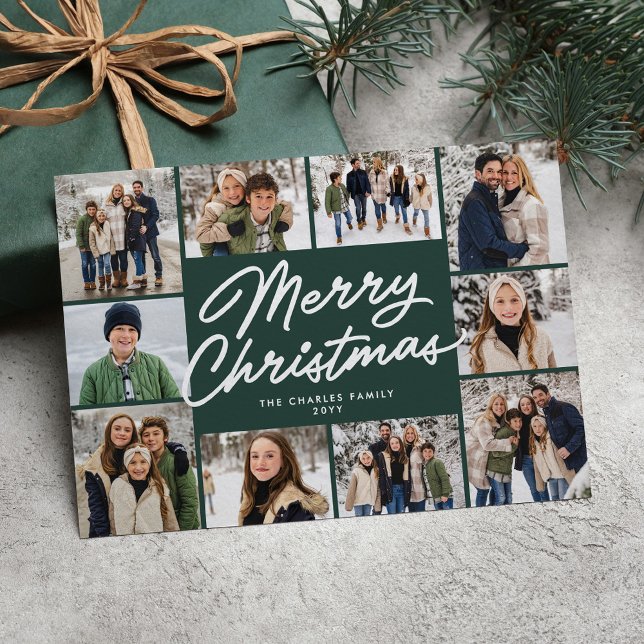 Merry Christmas green ten photo collage Holiday Card (Creator Uploaded)