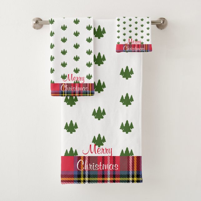 Merry Christmas Green Trees Plaid Bath Towel Set (Insitu)