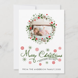 Merry Christmas green typography wreath photo Holiday Card
