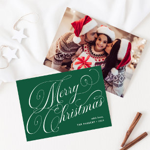 Merry Christmas   Green with Calligraphy and Photo Holiday Card
