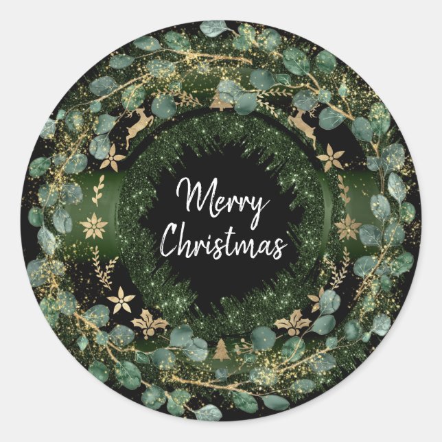 Merry Christmas Green Wreath Winter Gold Reindeer Classic Round Sticker (Front)