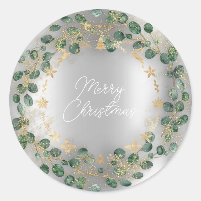 Merry Christmas Green Wreath Woodland Wood Silver Classic Round Sticker (Front)