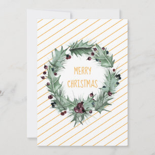 Merry Christmas Green Wreath Yellow Stripe  Holiday Card