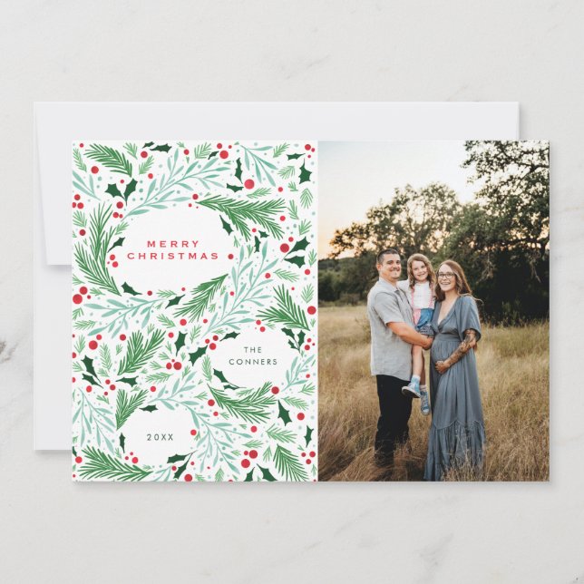 Merry Christmas Greenery and berrie Holiday Design Card (Front)