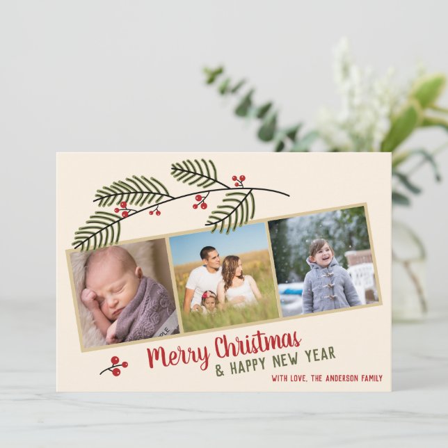 Merry Christmas| Greenery and Red Berries 3 Photo  Card (Standing Front)