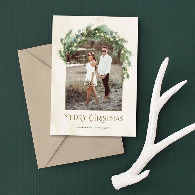 Merry Christmas Greenery Arch Frame Photo Holiday Card (Creator Uploaded)