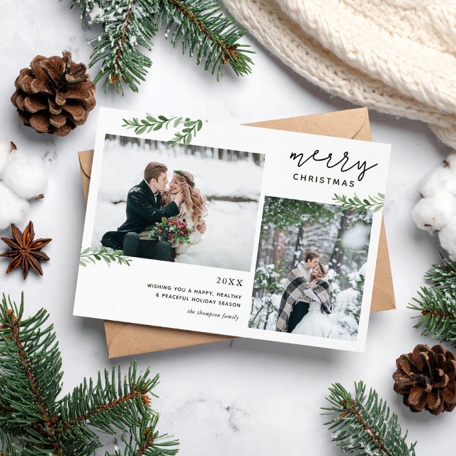 Merry Christmas | Greenery Branches 2 Photo Holiday Card (Creator Uploaded)