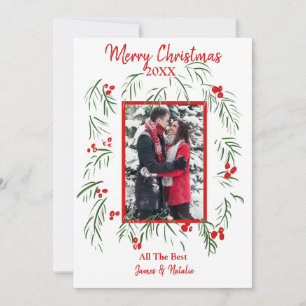 Merry Christmas Greenery Custom Photo Flat Card