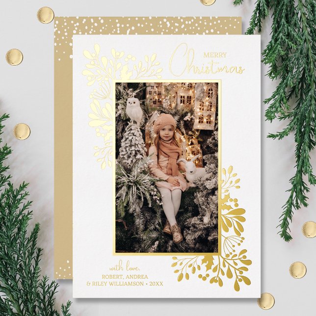 Merry Christmas Greenery Gold (Your photo on holiday photo greeting cards all done in real gold foil)