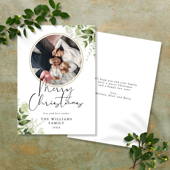 Merry Christmas Greenery Gold Ring Photo Holiday Card (Merry Christmas Greenery Gold Ring Photo Holiday Card)