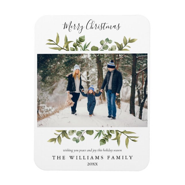 Merry Christmas Greenery Photo Modern Holidays Magnet (Vertical)
