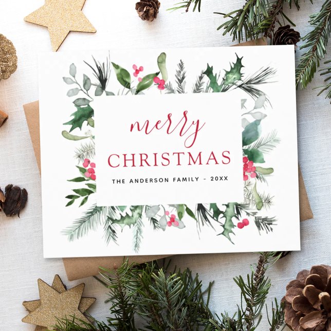 Merry Christmas Greenery Red Green Holiday Card (Creator Uploaded)