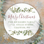 Merry Christmas Greenery Return Address Classic Round Sticker<br><div class="desc">Watercolor greenery frames elegant script Merry Christmas typography on these elegant return address stickers. Personalise with your family name and address. Designed by Thisisnotme©</div>