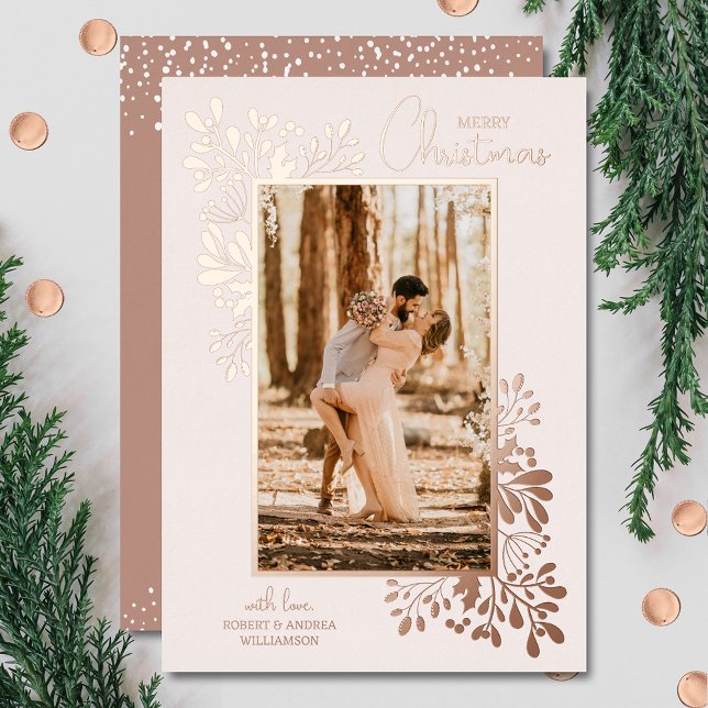 Merry Christmas Greenery Rose Gold (REAL rose gold foil! Merry Christmas Greenery Holiday Greeting Cards)