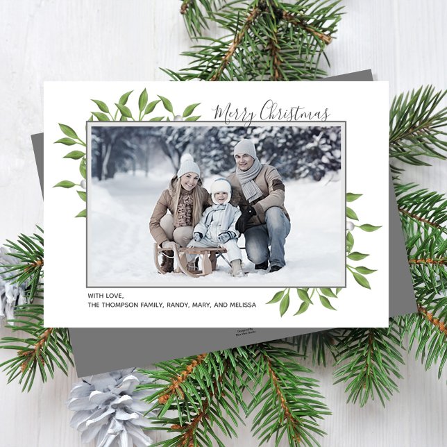Merry Christmas Greenery Traditional Foliage Photo Holiday Card (Merry Christmas holiday greenery photo card with a grey border. )