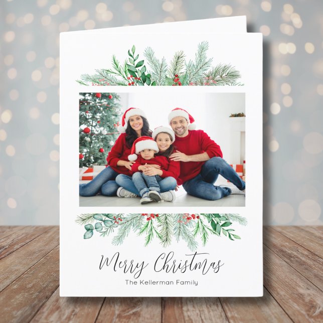 Merry Christmas Greenery Traditional Photo Holiday Card (Merry Christmas Greenery Traditional Photo Holiday Card)