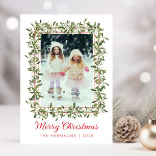 Merry Christmas Greenery Watercolor Photo Holiday Card