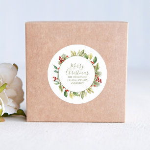 Merry Christmas Greenery Wreath Custom Classic Round Sticker