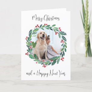 Merry Christmas Greenery Wreath Custom Photo Holiday Card