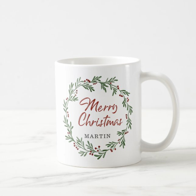Merry Christmas Greenery Wreath Personalised Coffee Mug (Right)