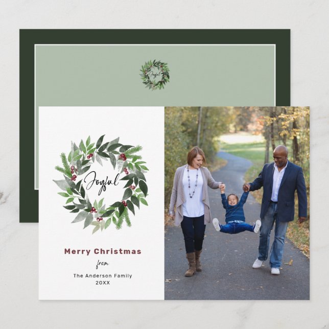 Merry Christmas Greenery Wreath Photo Holiday Card (Front/Back)