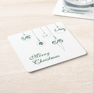 Merry Christmas GreenMonogram Bauble Ornaments Square Paper Coaster