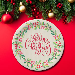 Merry Christmas Greens Berries Paper Plate