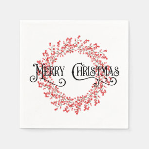 Merry Christmas Greeting Berry Wreath Napkin