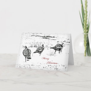 Merry Christmas Greeting Card Wild Turkeys in B&W