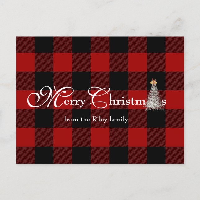 Merry Christmas greeting on buffalo plaid Holiday Postcard (Front)