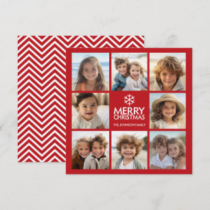 Merry Christmas Greeting with 8 photo collage RED Holiday Card