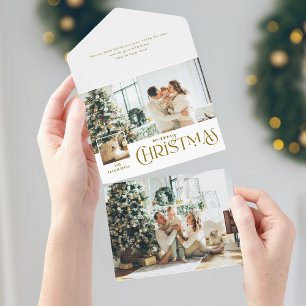 Merry Christmas Greeting with Photo Insert Gold All In One Invitation