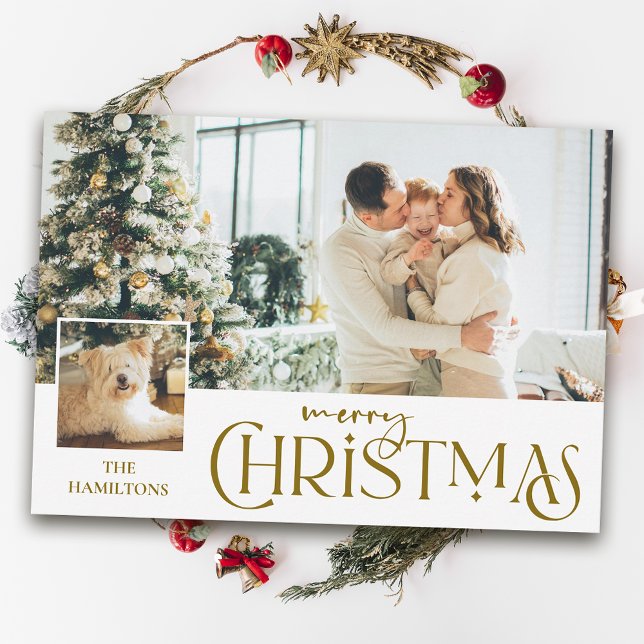 Merry Christmas Greeting with Photo Insert Gold Holiday Card (Creator Uploaded)