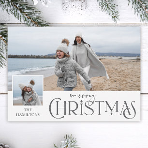 Merry Christmas Greeting with Photo Insert Silver Holiday Card