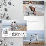 Merry Christmas Greeting with Photo Insert Silver Tri-Fold Holiday Card<br><div class="desc">Fun Merry Christmas silver text graphic in a custom font with editable text field,  small square photo insert template and large background photo template. Panels include additional text and photo templates. All graphic elements are customisable.</div>