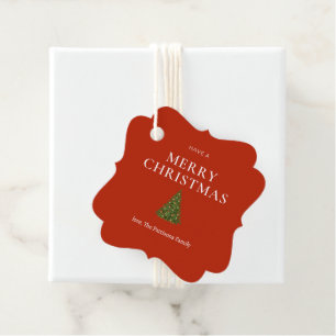 Merry Christmas greeting with tree on red custom Favour Tags