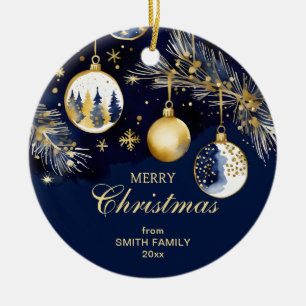 Merry Christmas greetings gold navy blue baubles Ceramic Tree Decoration