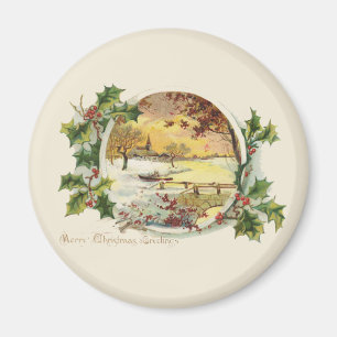 Merry Christmas Greetings Vintage Village Scene Magnet