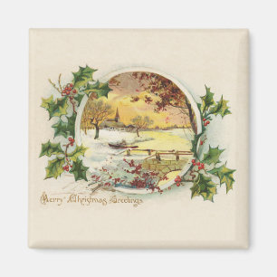 Merry Christmas Greetings Vintage Village Scene Magnet