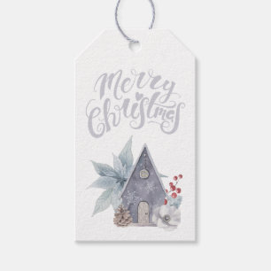 Merry Christmas Grey Birdhouse Poinsettias Gift Tags