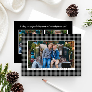 Merry Christmas Grey Black Buffalo Plaid Photo Holiday Card