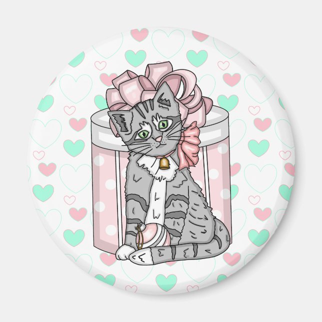 Merry Christmas Grey Kitten Pink Bow  Magnet (Front)