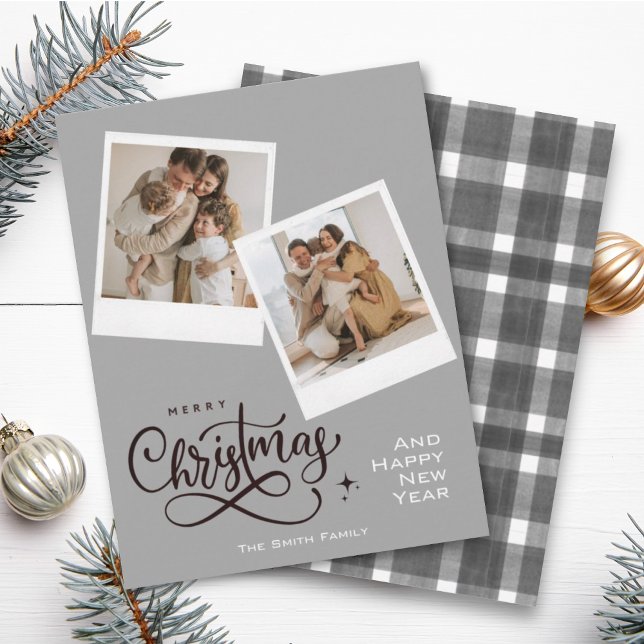 Merry Christmas Grey Plaid Holiday 2 Photos Card (Creator Uploaded)