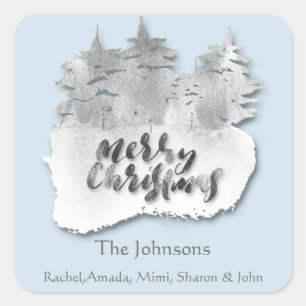 Merry Christmas Grey Silver Blue Holidays Name 3D Square Sticker