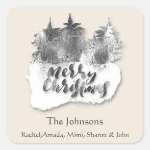 Merry Christmas Grey Silver Ivory Holidays Name 3D Square Sticker